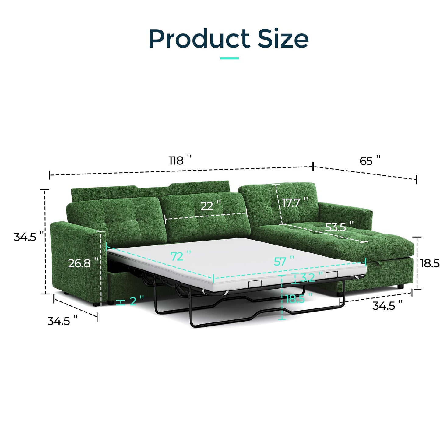 LINSY Oversized Sectional Sleeper Sofa 118" Pull Out Couch with Storage Chaise, Convertible Sofa Bed with Memory Foam Topper, Comfy L Shaped Couches for Living Room Apartment Dorm Room, Green
