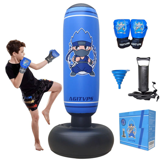 Inflatable Punching Bag Set, 66" Punching Bag for Boys & Girls Aged 8-12 with Kids Boxing Gloves, Super Air Pump | Suitable for Children's Daily Exercise, Happy Family Time (Dark Blue)