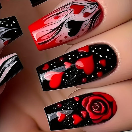 Red Black Heart Press on Nails Medium Length Valentine's Acrylic Nails Love Heart Rose Design Full Cover Glue on Nails Glossy False Nails Valentines Stick on Nails for Women Holiday Nails 24Pcs