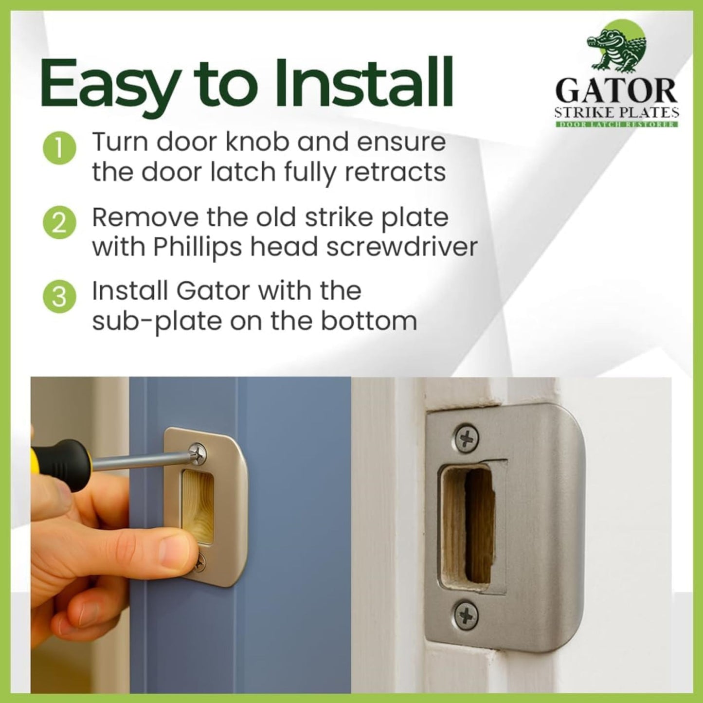 Gator Door Strike Plate with Screws, – 2-1/4" by 1-3/4" Universal Latch Restorer Alloy Steel Lock Hardware for Interior and Exterior Doors, Replacement Door Latch Plate | Satin Nickel 4-Pack