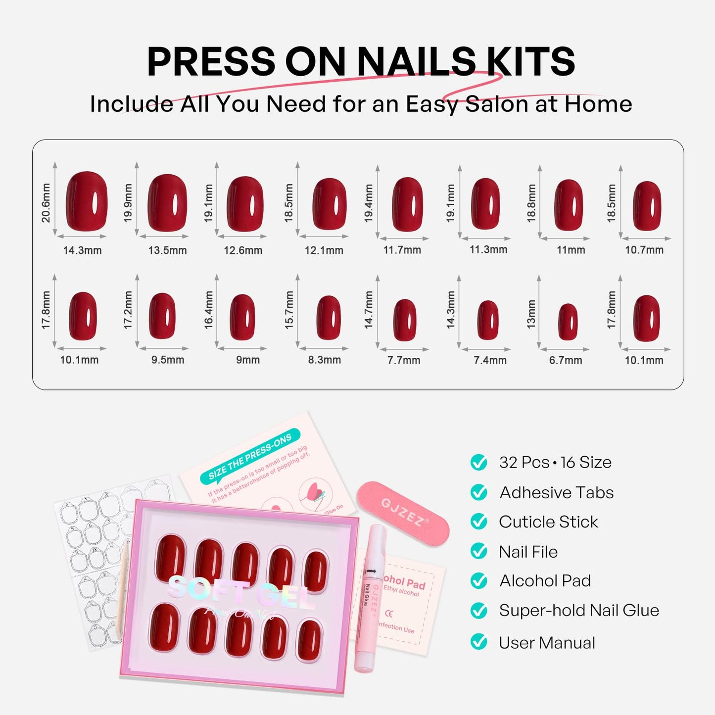 Red Press on Nails Short Oval - GJZEZ Soft Gel Nail Press Ons Solid Glossy Full Cover Fake Nails Gifts for Women | 16 Sizes - 32 pcs Natural Long Lasting Reusable Faux Nail Kit with Glue, Cherry Red