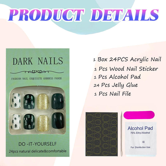 Christmas Press on Nails Extra Short Fake Nail with Gold Glitter & Christmas Tree Designs Green Square False Nails Full Cover Glossy Stick on Nails Cute Glue on Nails for Women Girls 24Pcs