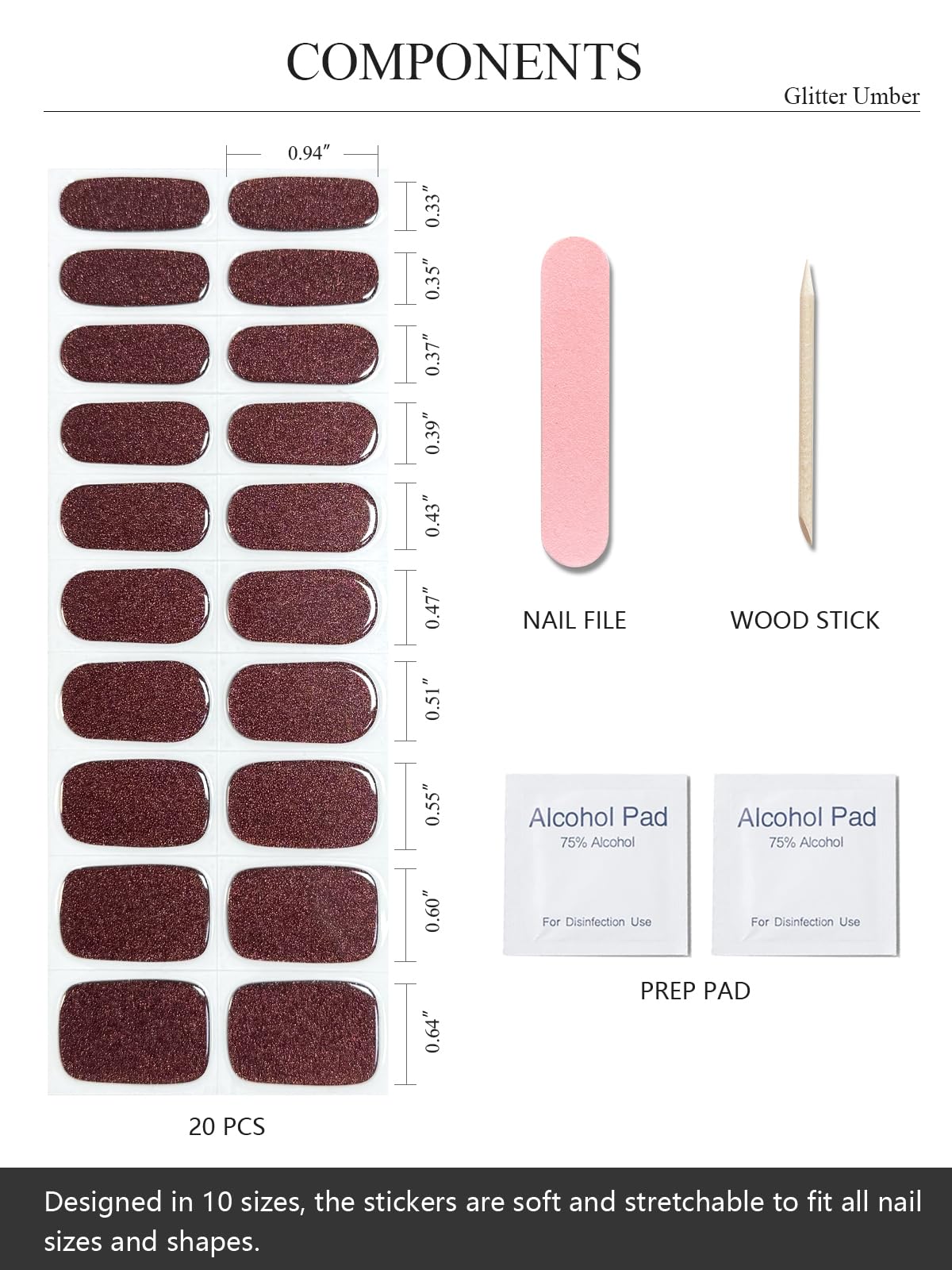 AutyaMee Semi Cured Gel Nail Strips (Glitter Umber), 20 Pcs Deep Brown Gel Nail Wraps, Stickers, Salon Quality, Brown, Works with Any UV Lamps