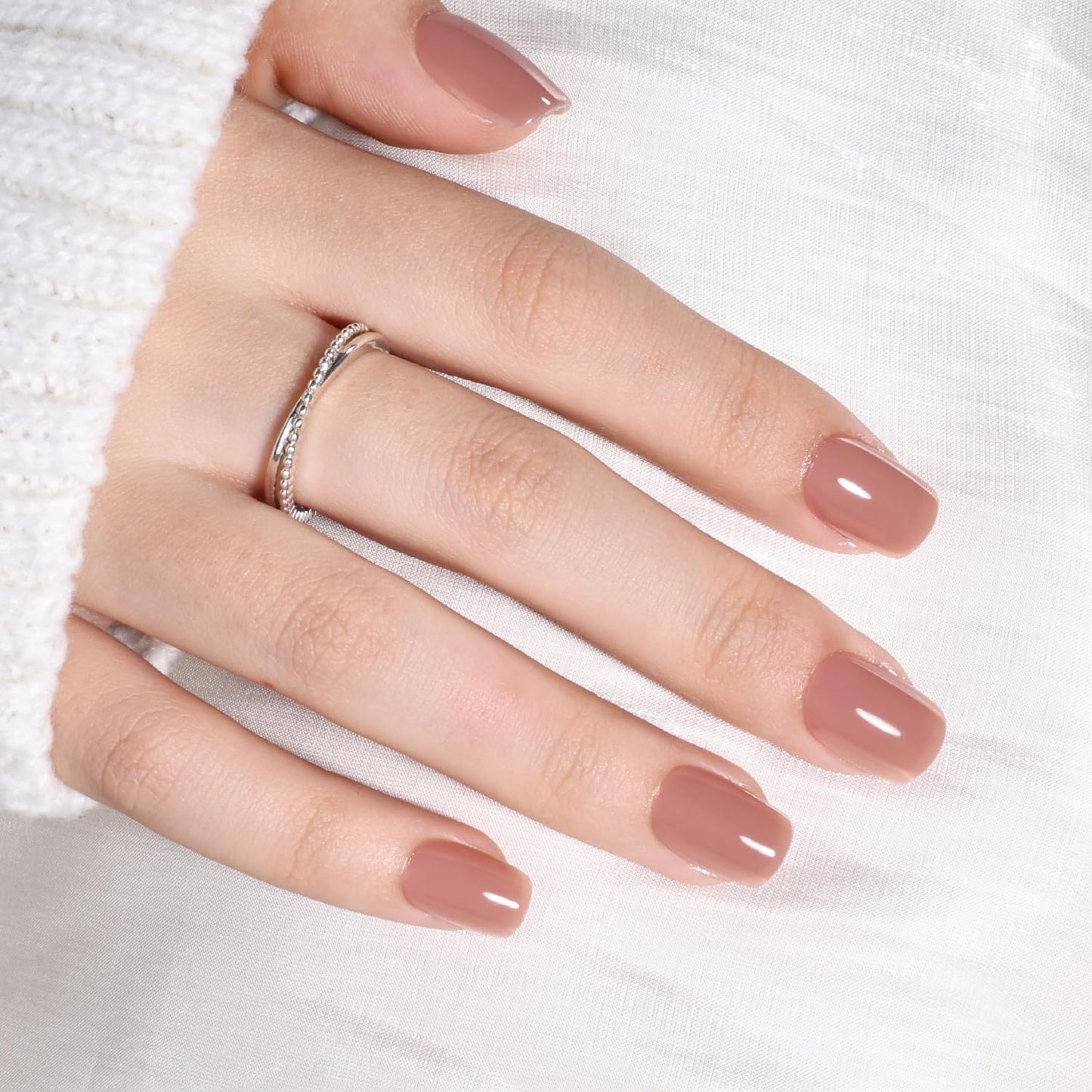 Leefrei Soft Mocha Nude Press on Nails - Short Square Glossy Nails Press ons for Women, Reusable Warm Nude Glue On Nails 30 Pcs 15 Sizes Fake Nails Kit with Glue, Soft Mocha