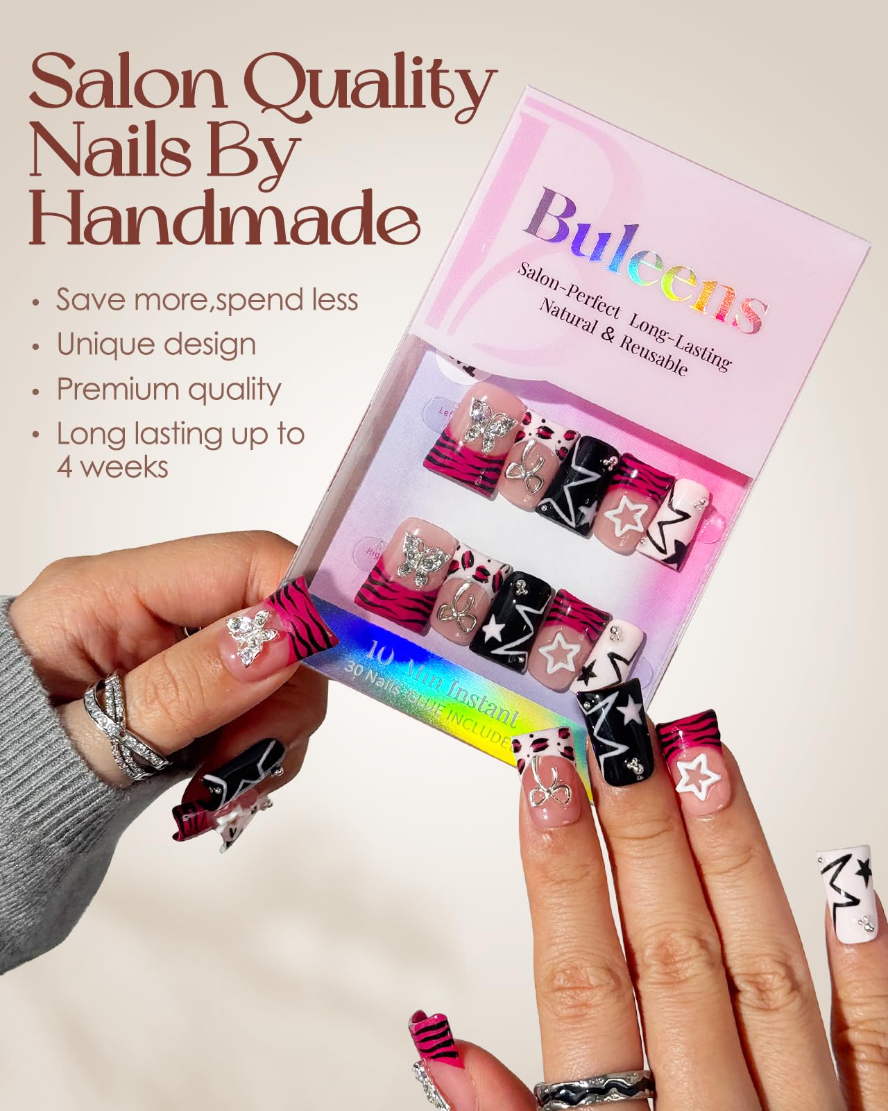 Buleens Handmade Press on Nails Acrylic Duck Nails-10pcs Short Edgy Y2K Pink Butterfly Star 3D Fake Nails Kits with Glue