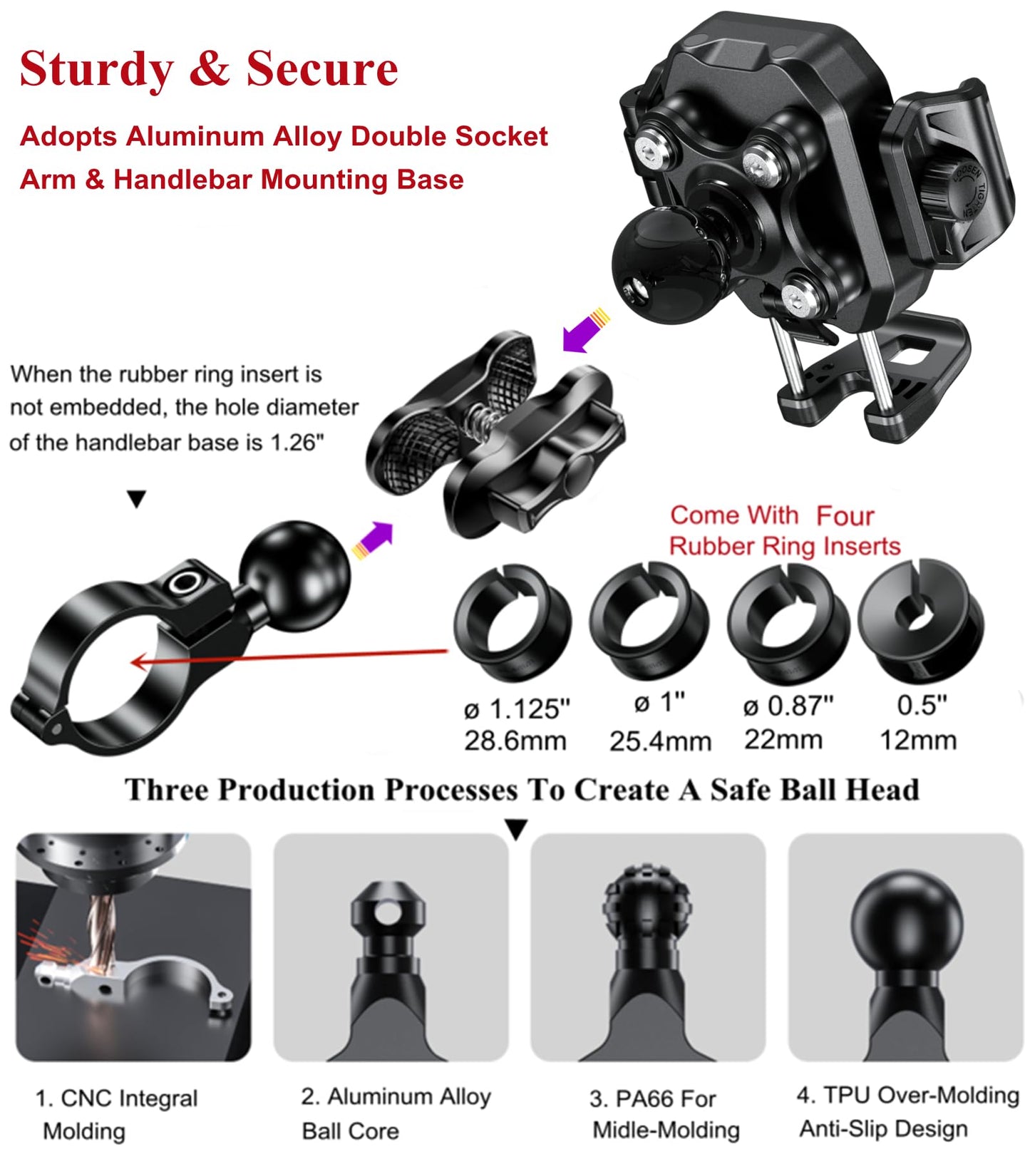 BRCOVAN Anti-Theft Motorcycle Phone Mount with Vibration Dampener, [1s Lock] [Camera Friendly] Handlebar Cellphone Holder for Bike Bicycle Scooter ATV, Adjustable Size Fit 5.4-7.2" Smartphone