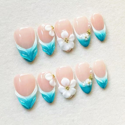 30Pcs Blue French Tip Press on Nails Short Almond Fake Nails with 3D Flower & Gold Rhinestones Design Nude Pink False Nail Full Cover Artificial Reusable Acrylic Nails Handmade Stick on Nail for Women