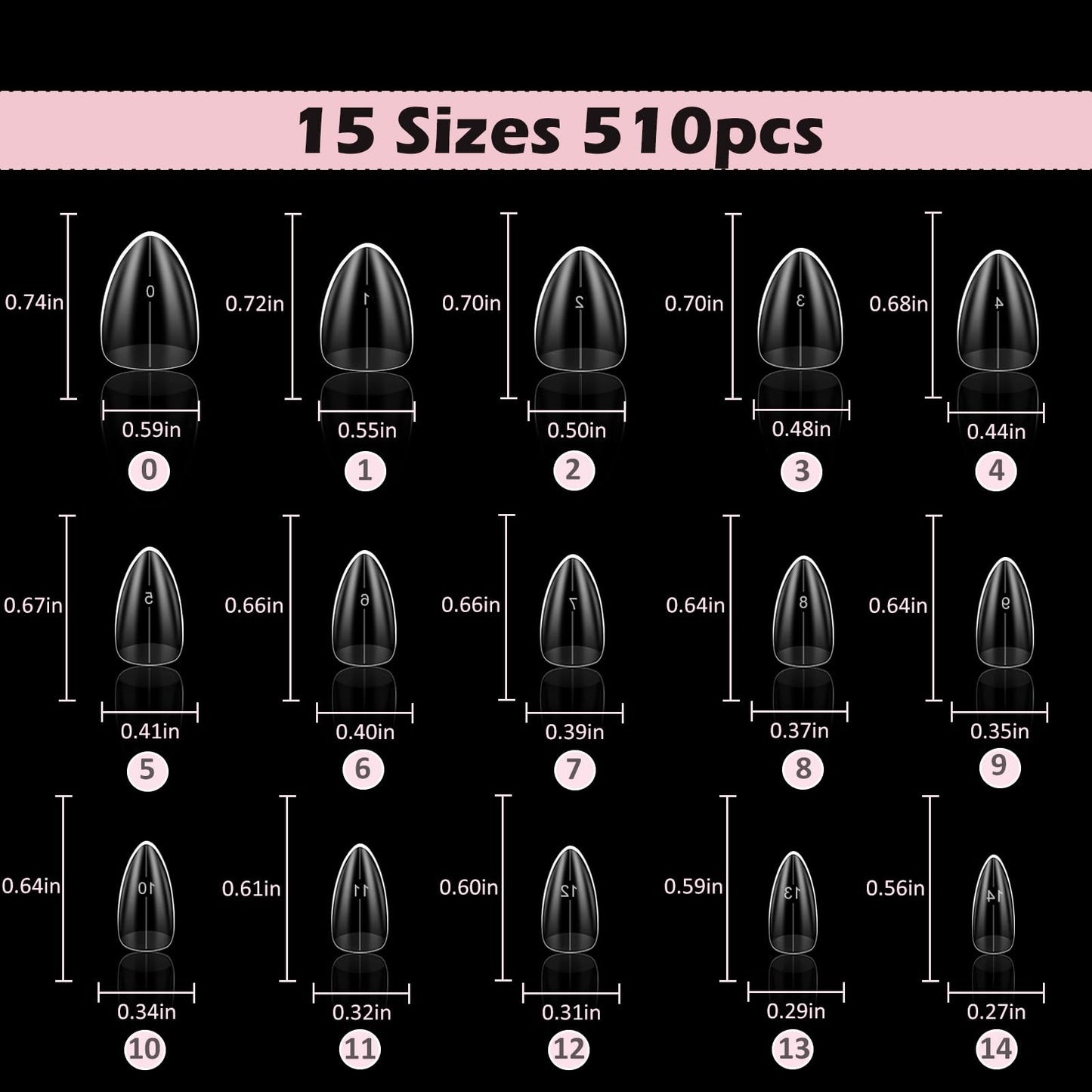 Wellquinn Short Almond Nail Tips, 510Pcs Thick Almond Full Cover Fake Nails, Clear Press-On Nails French Acrylic False Nail Tips for Salon Home DIY 15 Sizes
