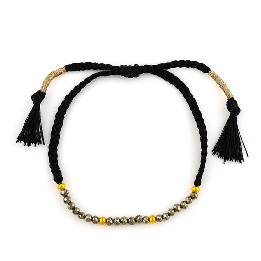 GEMSYMPHONY Pyrite Gemstone Beads Braided Bracelet – 3.5mm Natural Stone Beads, Handmade Adjustable Braided Rope Bracelet, Healing Crystal Jewelry for Men & Women, Unisex Boho Gift (Pyrite)