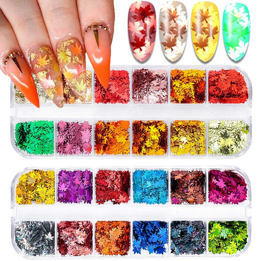 Maple Leaf Nail Sequins 3D Holographic Fall Leaves Glitters Flakes Autumn Nail Art Glitter Sequins Acrylic Nails Supplies Accessories Laser Maple Leaves Flakes for Women DIY Thanksgiving Decoration