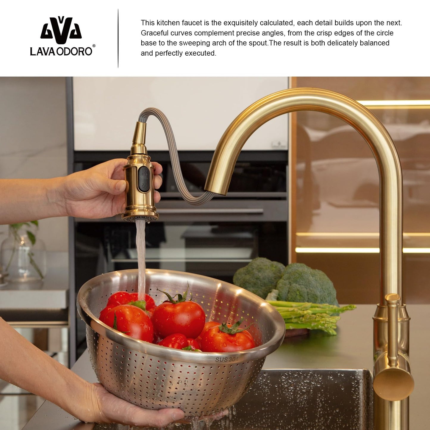 Lava Odoro Champagne Gold Kitchen Faucet with Pull Down Sprayer, Single Handle Kitchen Sink Faucet, Gold Faucet for Kitchen Sink 1 Hole and 3 Hole, Deck Plate Included, KF421-CB