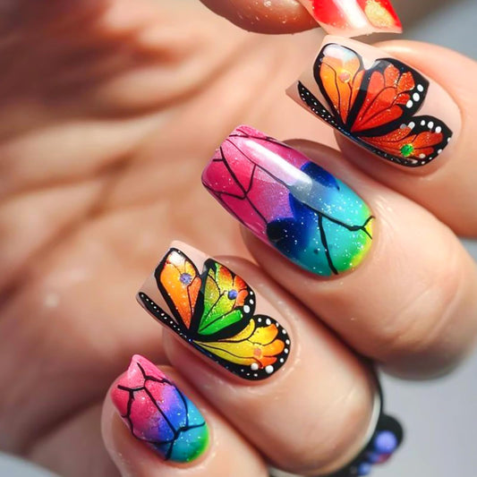 RUOKEXIN Fall Press on Nails Medium Length Fake Nails Square False Nails with Butterfly Designs Sparkly Artificial Nails Full Cover Nail Press ons for Women 24Pcs