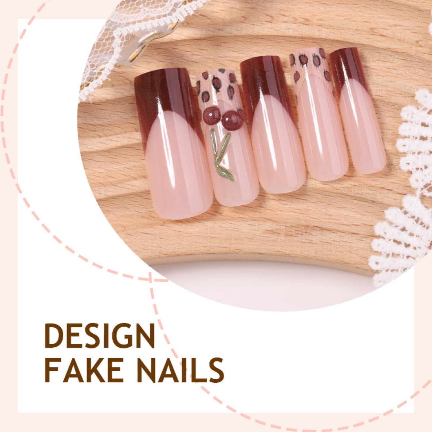 Long Square Press on Nails Fake Nails Artificial Nail Stick on Nail for Women, Leopard & Cherry Design on Nude Base with Red French Tip and Gold Leaf Accents