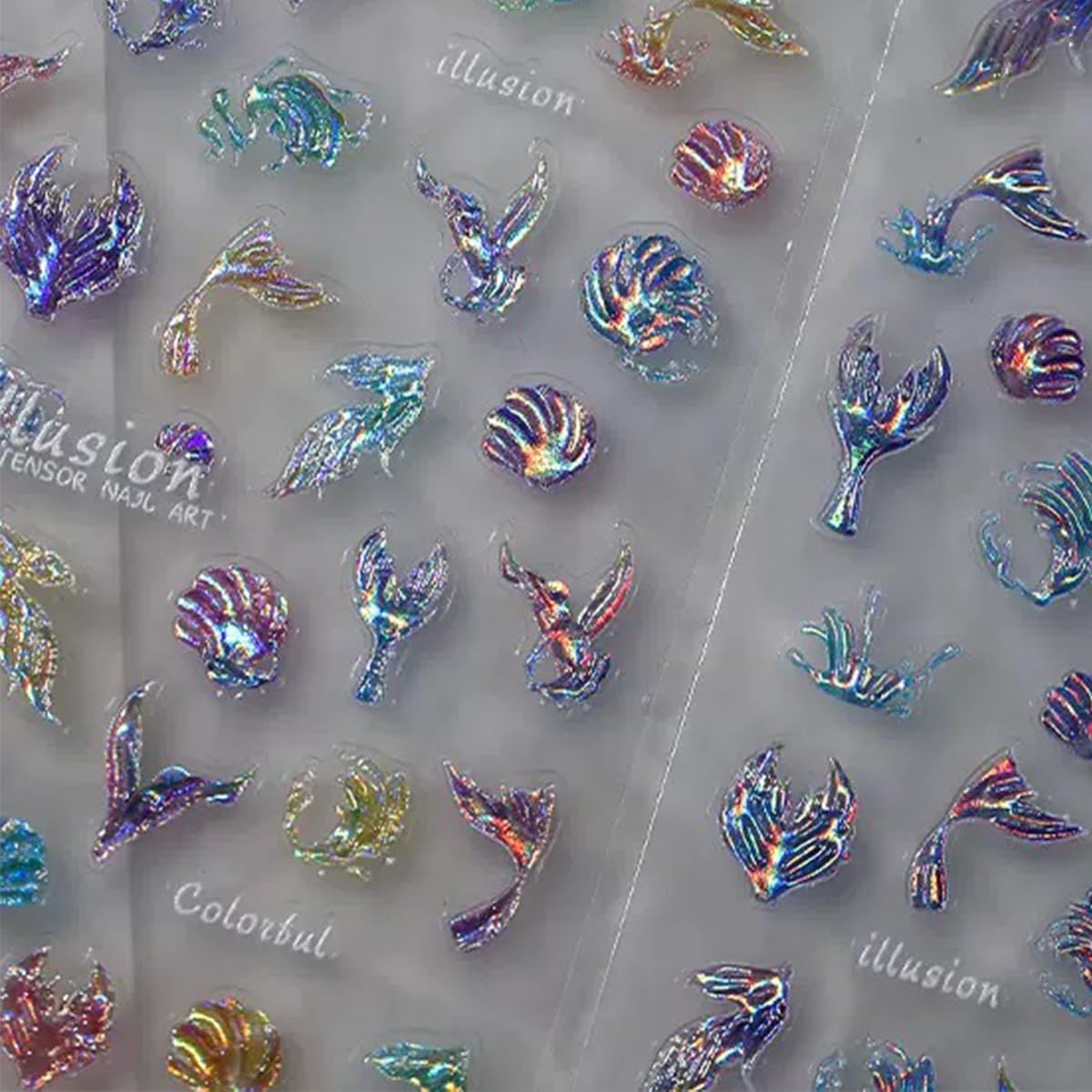 5D Embossed Nail Stickers Summer Nail Art Stickers Sea Waves Nail Decals Self-Adhesive Blue Aurora Fish Tail Designs for DIY Manicure Decoration Hollow Nail Art Supplies for Women