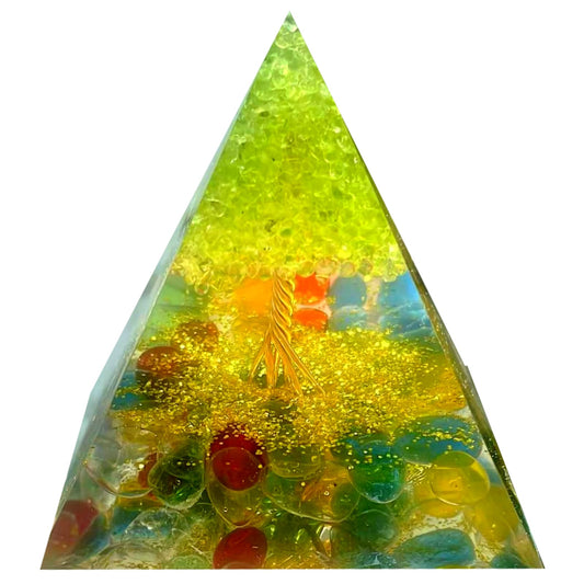Saefheled Tree of Life Orgone Pyramid,Natural Colored Glazed&Peridot Orgonite Healing Crystal Pyramid,Crystal Stone Positive Reiki Energy Generator Collection Wealth Lucky Meditation Tool(6cm)