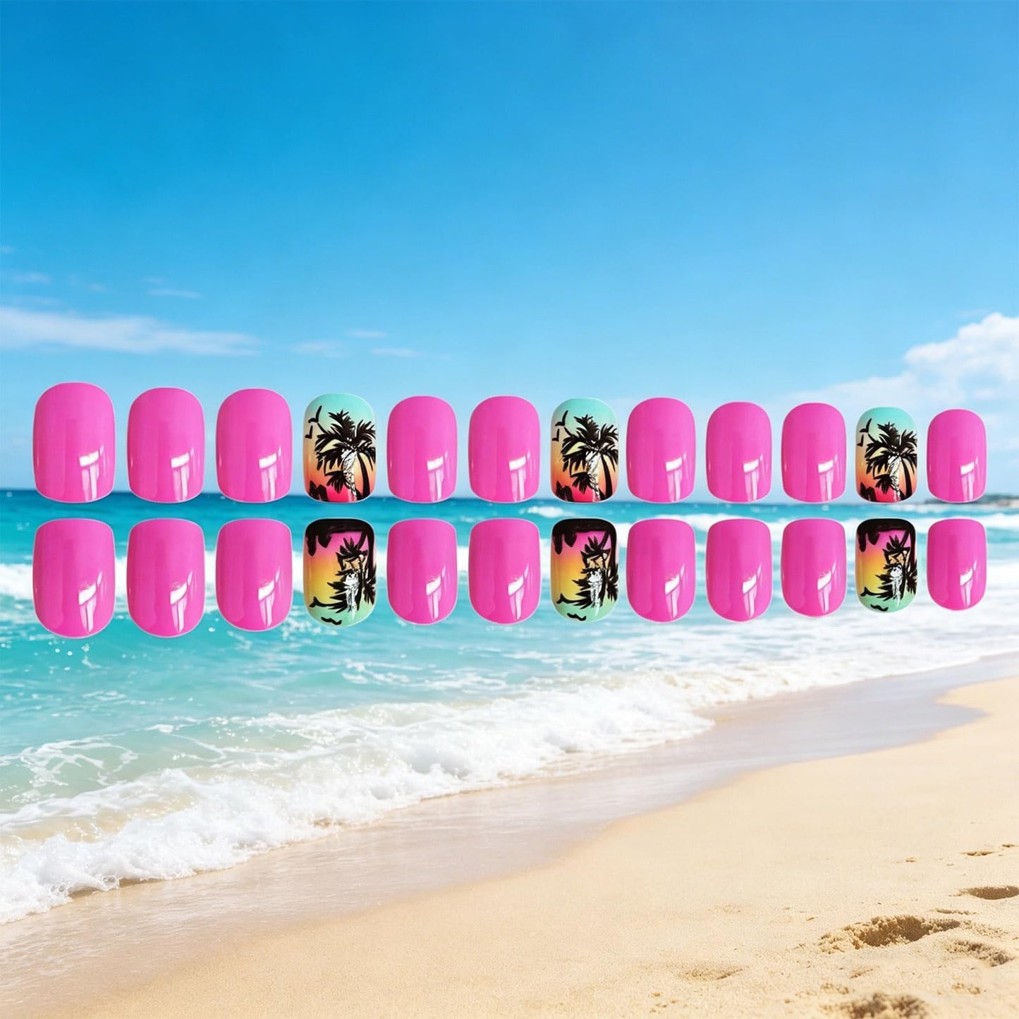 Ocean Press on Nails with Tropical Sunset Design Glossy Pink Ombre Fake Nail Palm Tree Short Square False Nails Summer Stick on Nail Beach Glue on Artificial Fingernails for Women Daily Wear