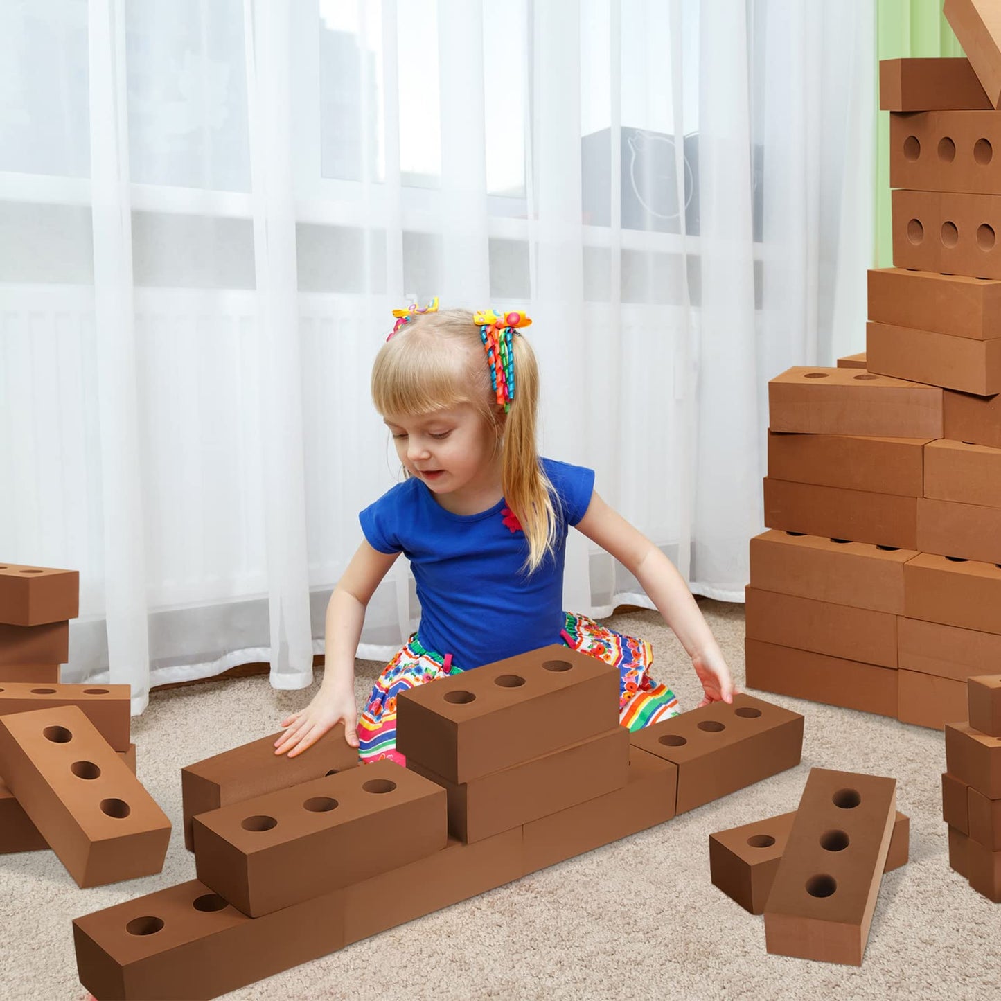 Deekin Foam Brick Building Blocks for Kids Thick Blocks Foam Large Fake Brick Construction Toy for Stacking Construction Gifts, 8 x 4 x 2.4 in(30 Pcs,Circle Holes)
