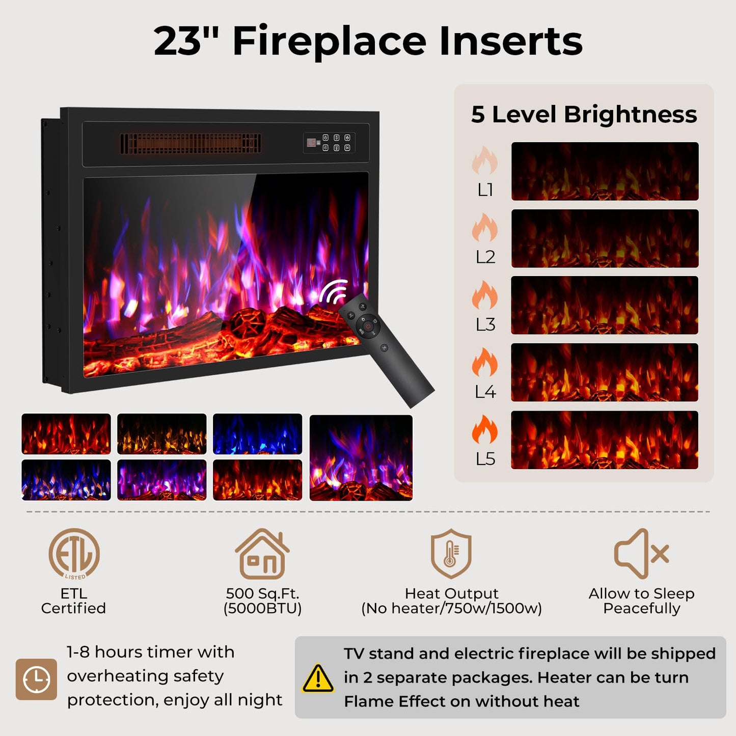 BREEZEHEAT 65'' Mid Century Modern Fluted TV Stand with 23" Fireplace, Curved Fireplace Entertainment Center for TVs Up to 75 Inches, Media Console Cabinet for Living Room/Bedroom, Oak Natural
