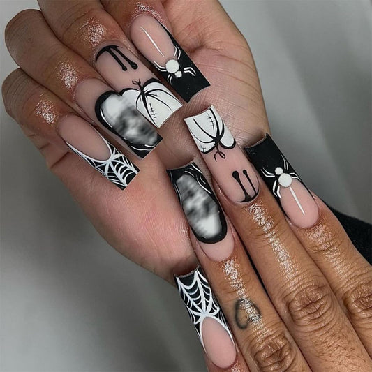 Halloween Press on Nails Long Coffin Fake Nails with Designs Spider Cobweb Ghost Pumpkin Glue on Nails Black French Tip False Nail Stick on Nail for Women Girls 24Pcs