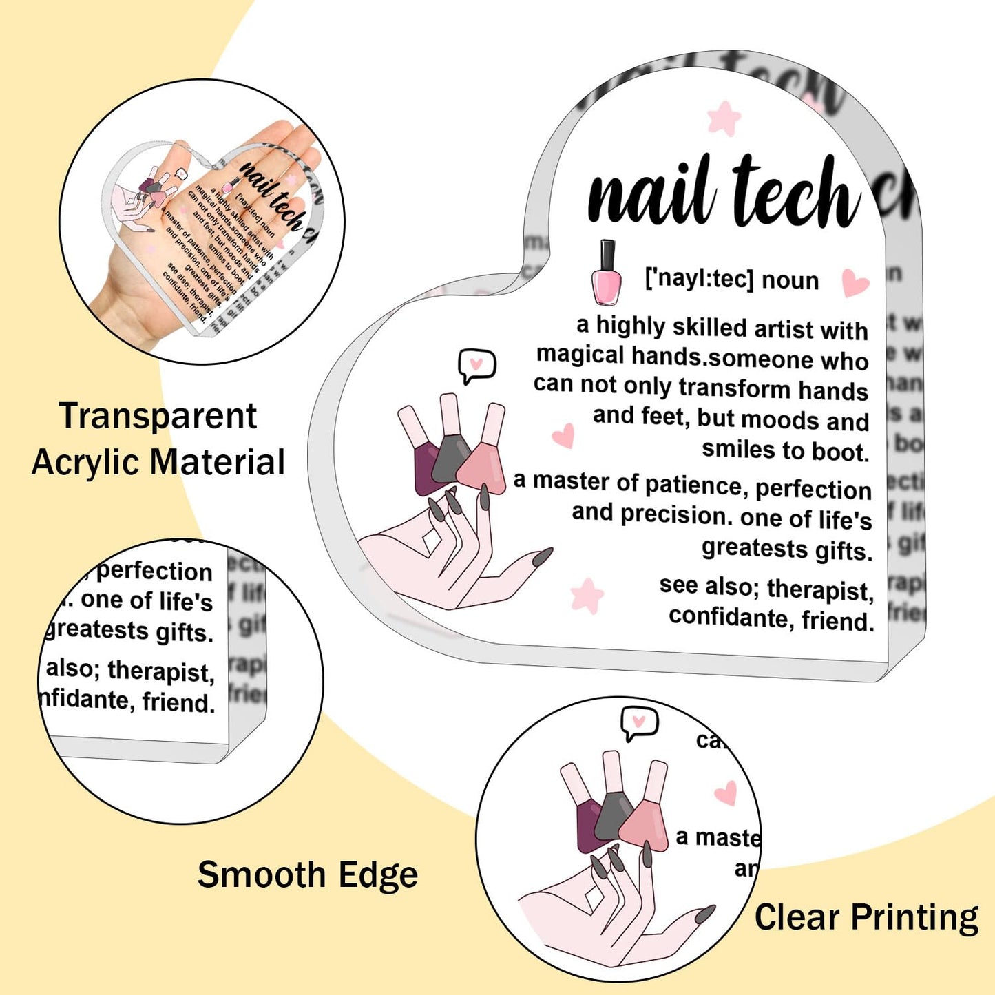 ZsaTuiy Nail Tech Gift for Women Men,Inspirational Gifts for Women,Thank You Gifts for Nail Tech,Heart Shaped Acrylic Desk Decorative Sign for Home Office,Birthday Thank You Gifts