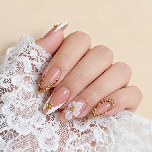 BABALAL Press On Nails, Medium Almond Fake Nails, White French Tip, Gold rhinestone Sparkly Bling Design, Luxury Full Cover Glue On Nails For Women And Girls 24Pcs