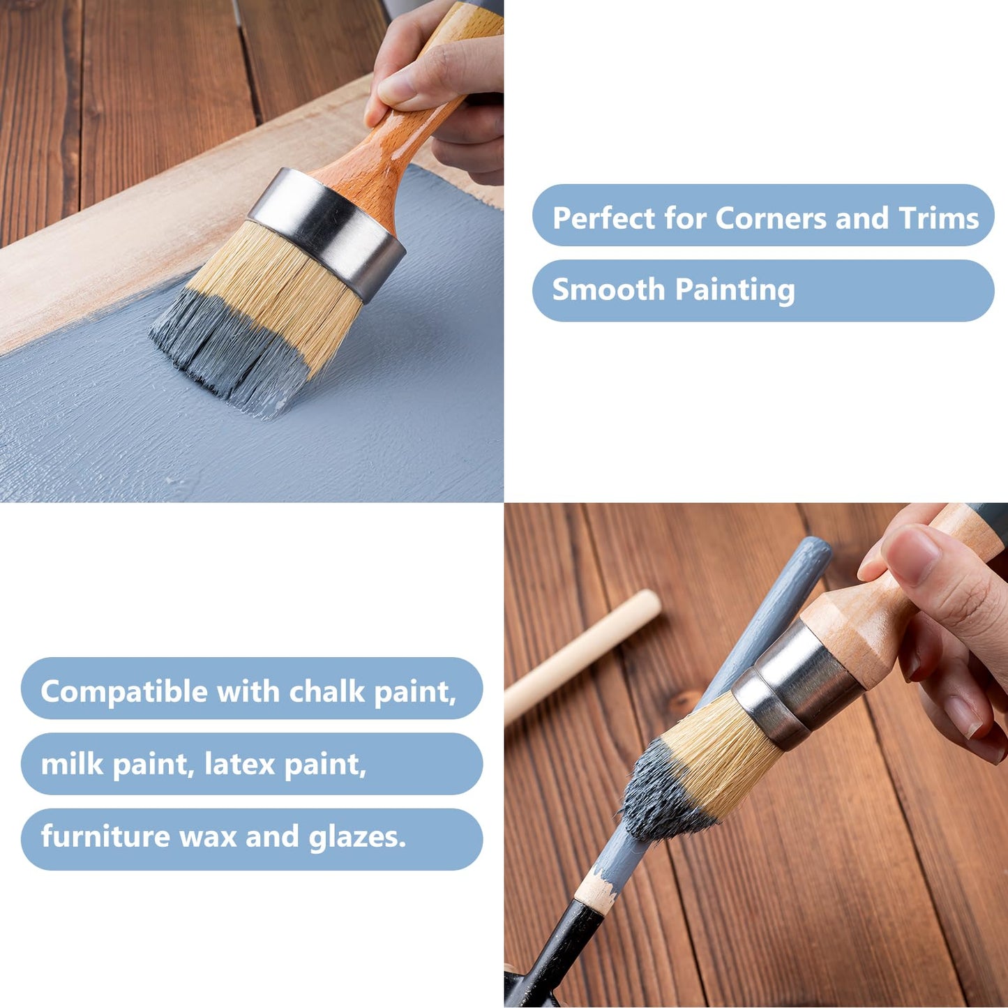 Mister Rui Chalk Paint Brushes, 3 Pack Wax Brush Set, Round Paint Brush Use with All Paints, Natural Bristle Brush for Painting, Stencils, Waxing, Home Decor, DIY Art Crafts