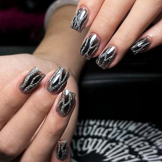 24Pcs Silver Fire Press on Nails Curve Line Acrylic Fake Nails Silver Glitter Stick on Nails Glossy Black Gradient Short Square False Nails Black Ombre Gel Glue on Nails for Coquette Women Girls