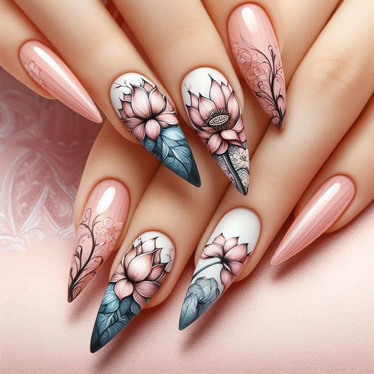 CJDLTS 24Pcs Flower Almond Tip Press on Nails Medium Length Lotus Pattern Design Full Cover Glossy Acrylic False Nail Nude Pink Artificial Stick on Nail Press Ons Blossom Glue on Nails for Women