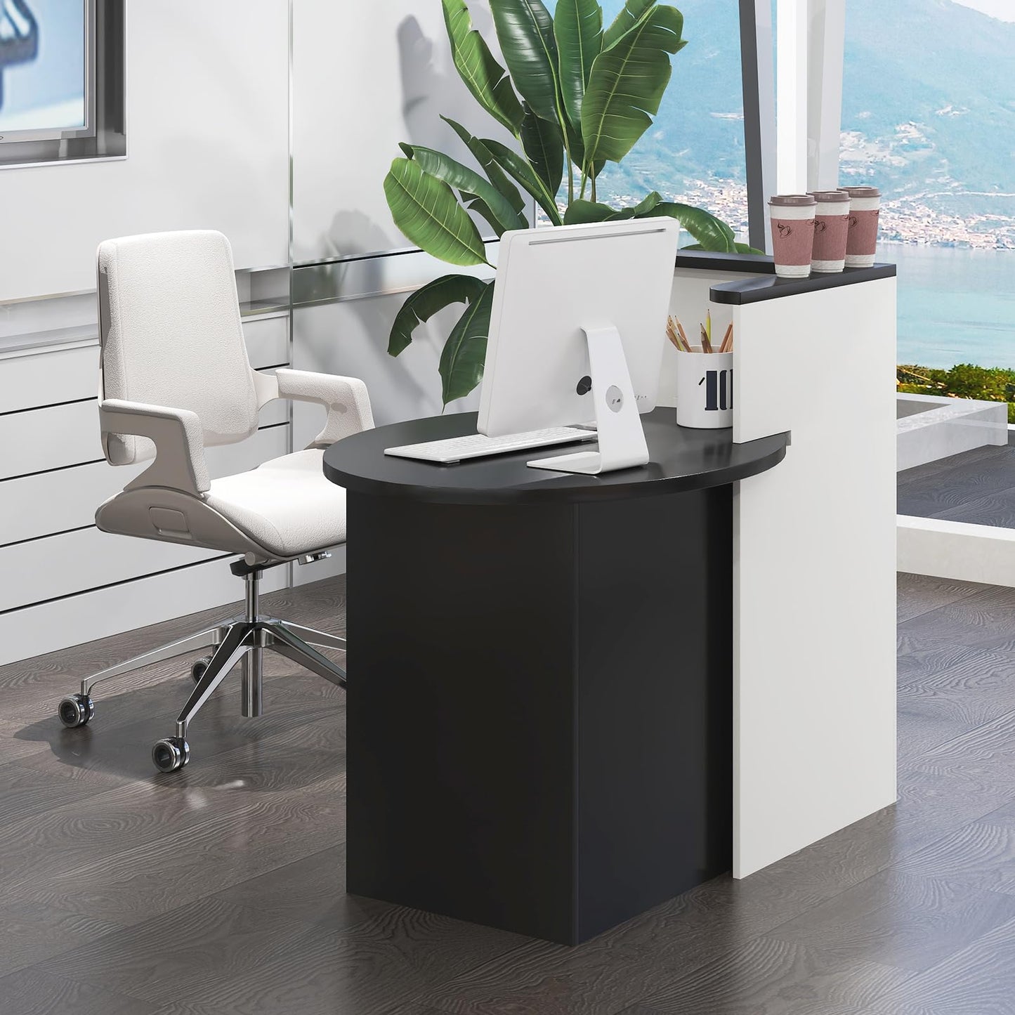Tangkula Reception Desk, Front Counter Desk with Lockable Drawer & Adjustable Shelf, Oval Desktop, Retail Counter for Checkout, Computer Workstation for Salon Lobby Office, Home Office Desk