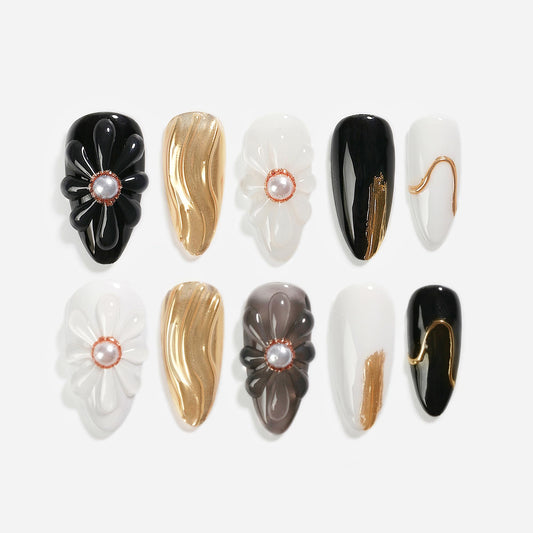 Sun&Beam Nails Handmade Press-on Medium Long Almond Black White Gold 3D Mirror Pearl Design False Nail Tips 10 Pcs (#130 L)