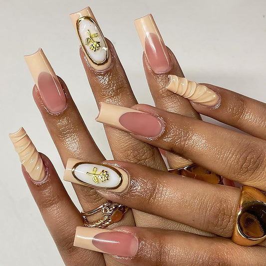 FIEONCIY Press on Nails Long Coffin Shaped Acrylic Glossy Full Cover Long Square French False Nails with Designs Artificial Extra Long Fake Nails with Charms Glue ons Fingernails for Women(XD9020)
