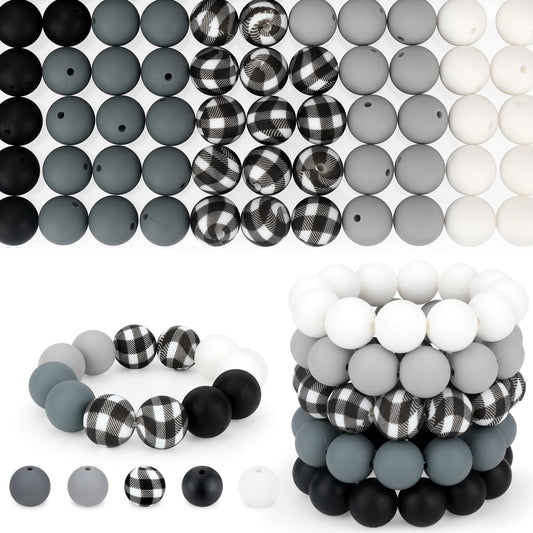 SALUOKE 100 Pcs 15mm Silicone Beads for Keychain Making, Pink Gream Silicone Beads Bulk Round for Bracelets Pens Crafts Jewelry Making (Black White)