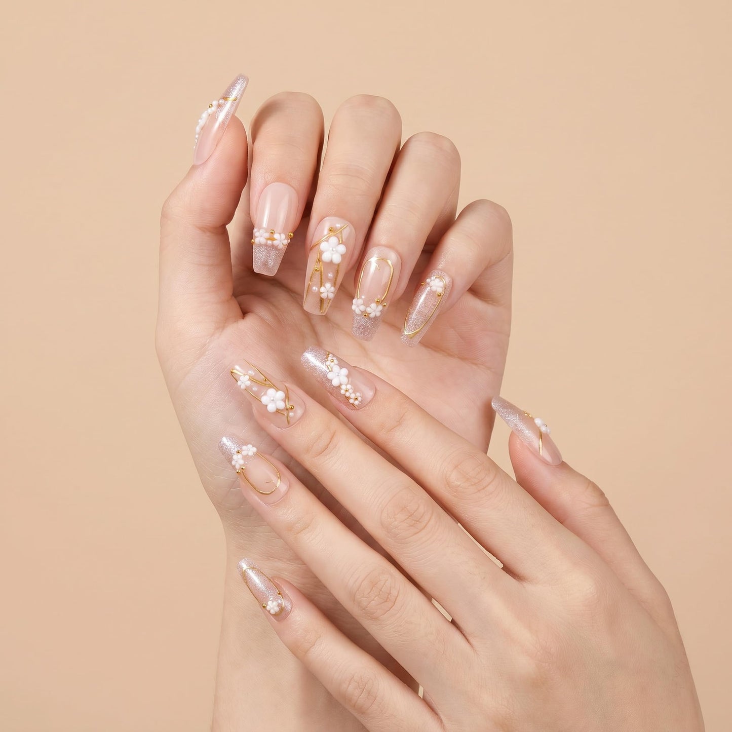Sun&Beam Nails Handmade Press On Nails Medium Almond Light Pink Pearl Shell Glossy 10 Pieces Reusable for Everyday Wear and Special Occasions (#010 M)
