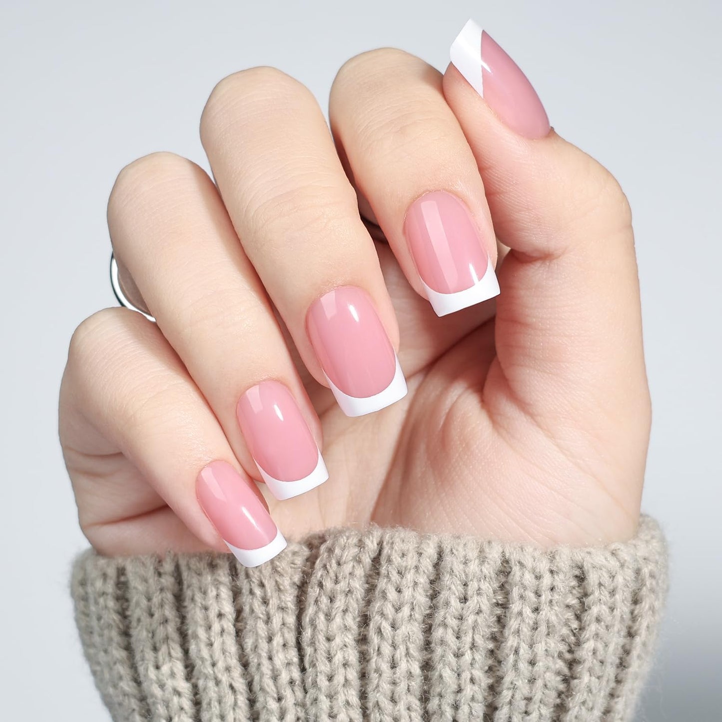 White French Tip Press On Nails - Pink Short Square Fake Nails, Square White Press On Nails Reusable Stick On Nails in 16 Sizes, 32pcs False Nail Kit for Women & Girls (Pink White French)