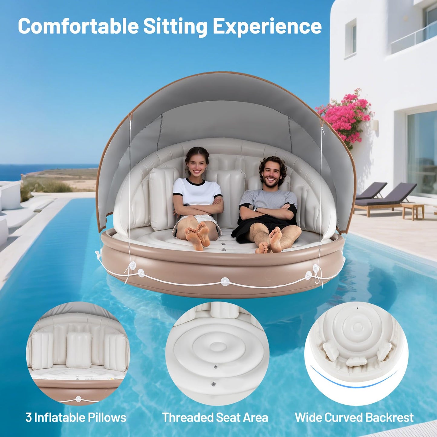 SPORFIT Tanning Pool Lounger with Canopy, 73" Inflatable Floating Island 2 Person w/UPF 50 Detachable Sunshade, Comfy Backrest & 3 Pillows, 440LBS Max Load, Pool Floats Adult for Lake Beach Backyard
