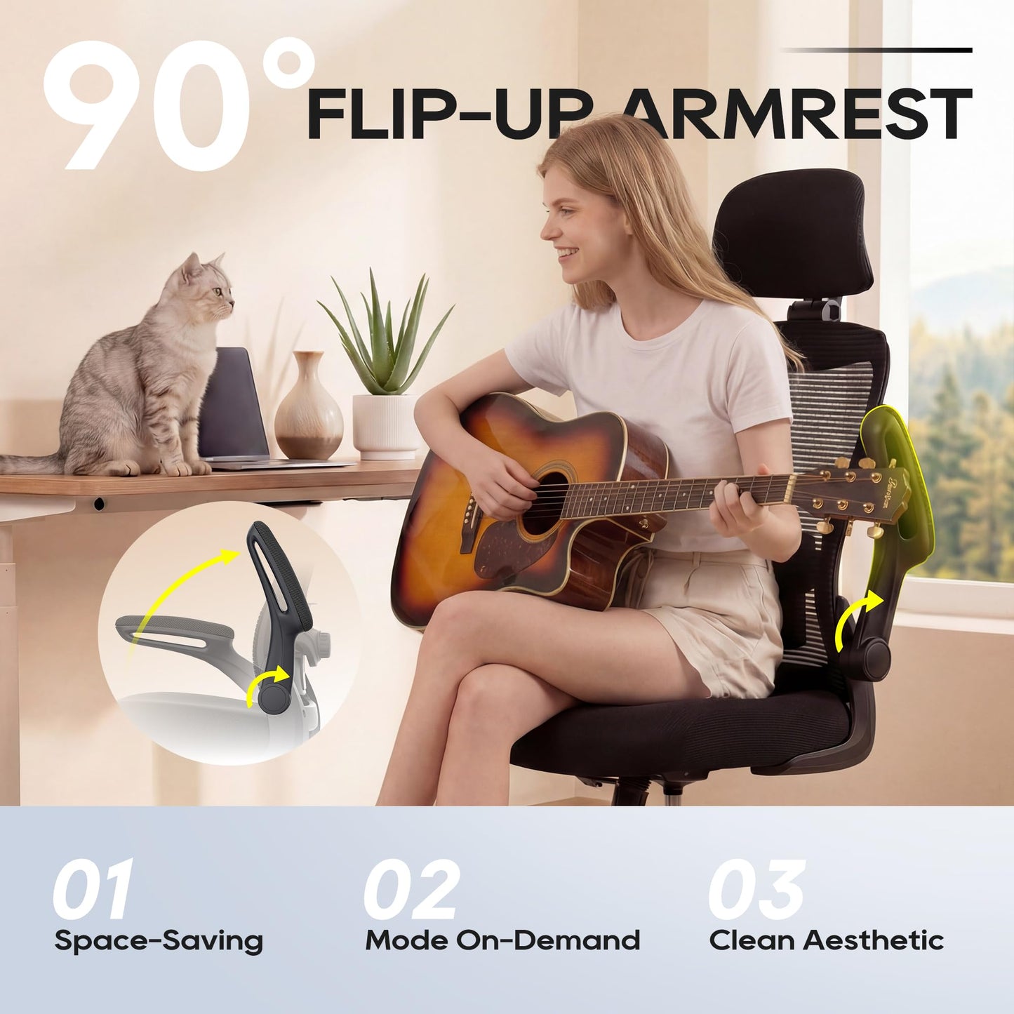 Zeonsit Ergonomic Office Chair, High Back Mesh Desk Chair with Adjustable Lumbar Support & Headrest, Flip-up Armrest, Computer Task Chairs for Home and Executive Office (B-Black)