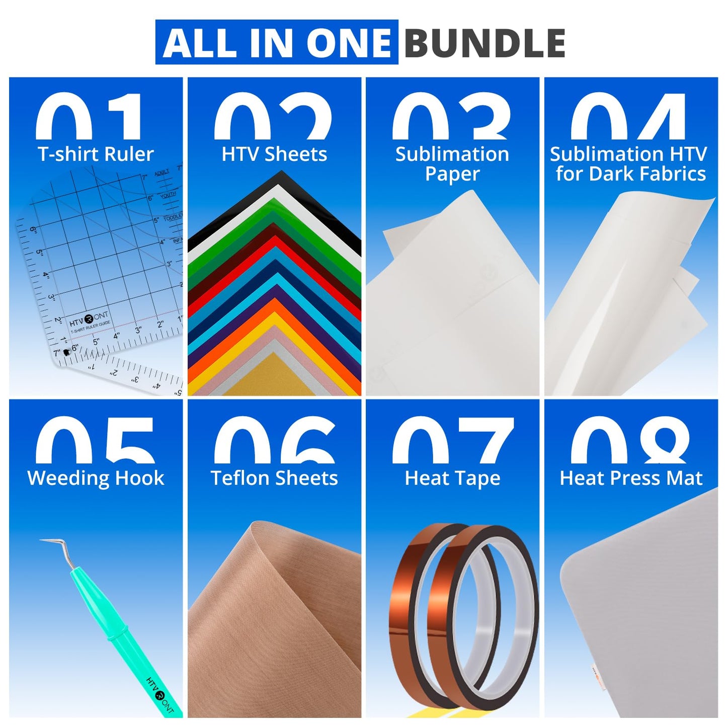 【Premium Bundle】 HTVRONT Automatic Heat Press 2 + HTVRONT Automatic Heat Press Accessories Kit + 2 Pack Cutting Mats 12x12 + 8 Pcs 3D Puff Vinyl + 10" x 8ft Gold Glitter HTV Heat Transfer Vinyl