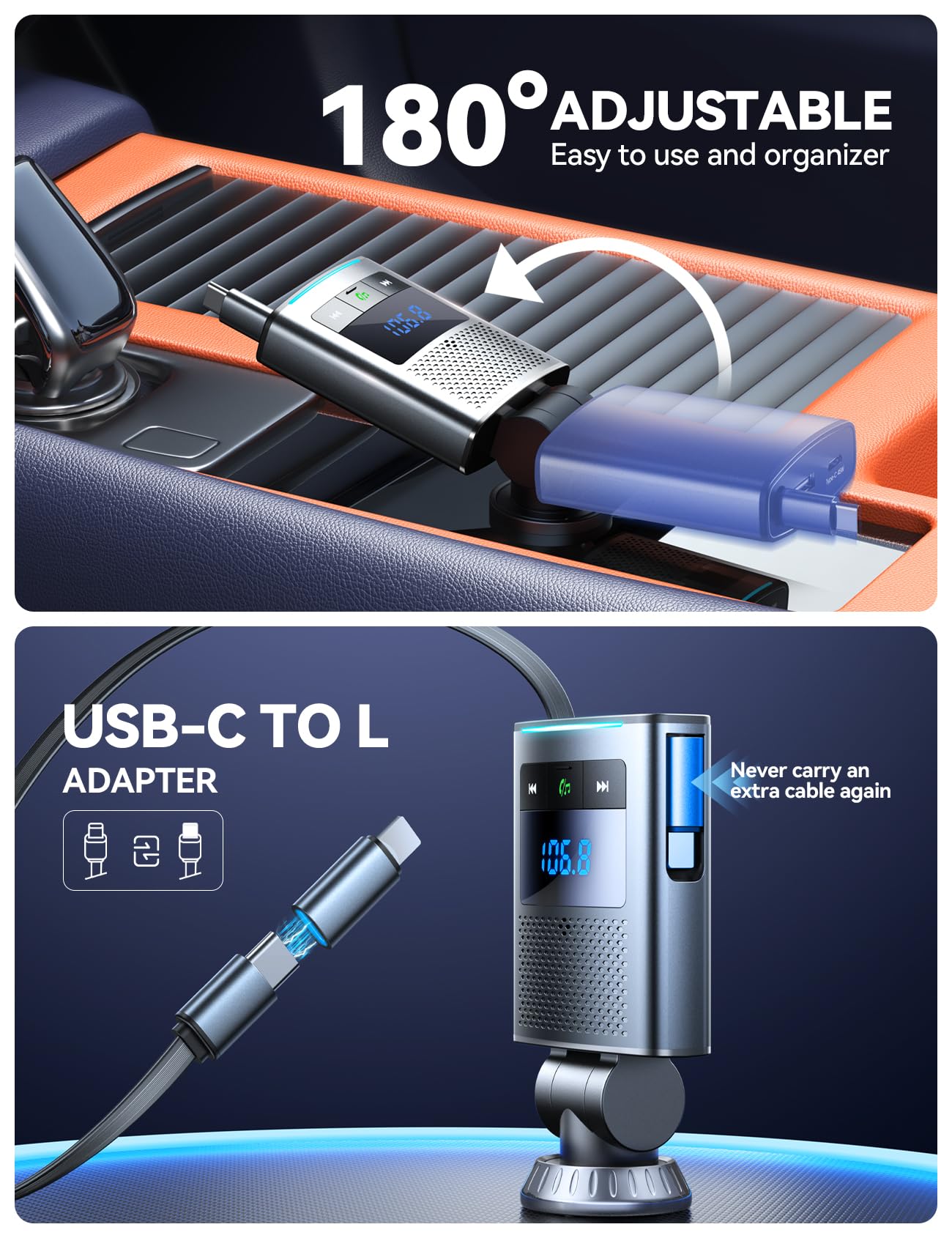 JOYROOM Bluetooth 5.4 Car Adapter FM Transmitter 90W [PD 45W & 45W USB C Retractable Cable] Fast Charging Cigarette Lighter Wireless Music Adapter Hands-Free Calling Radio Support USB Drive