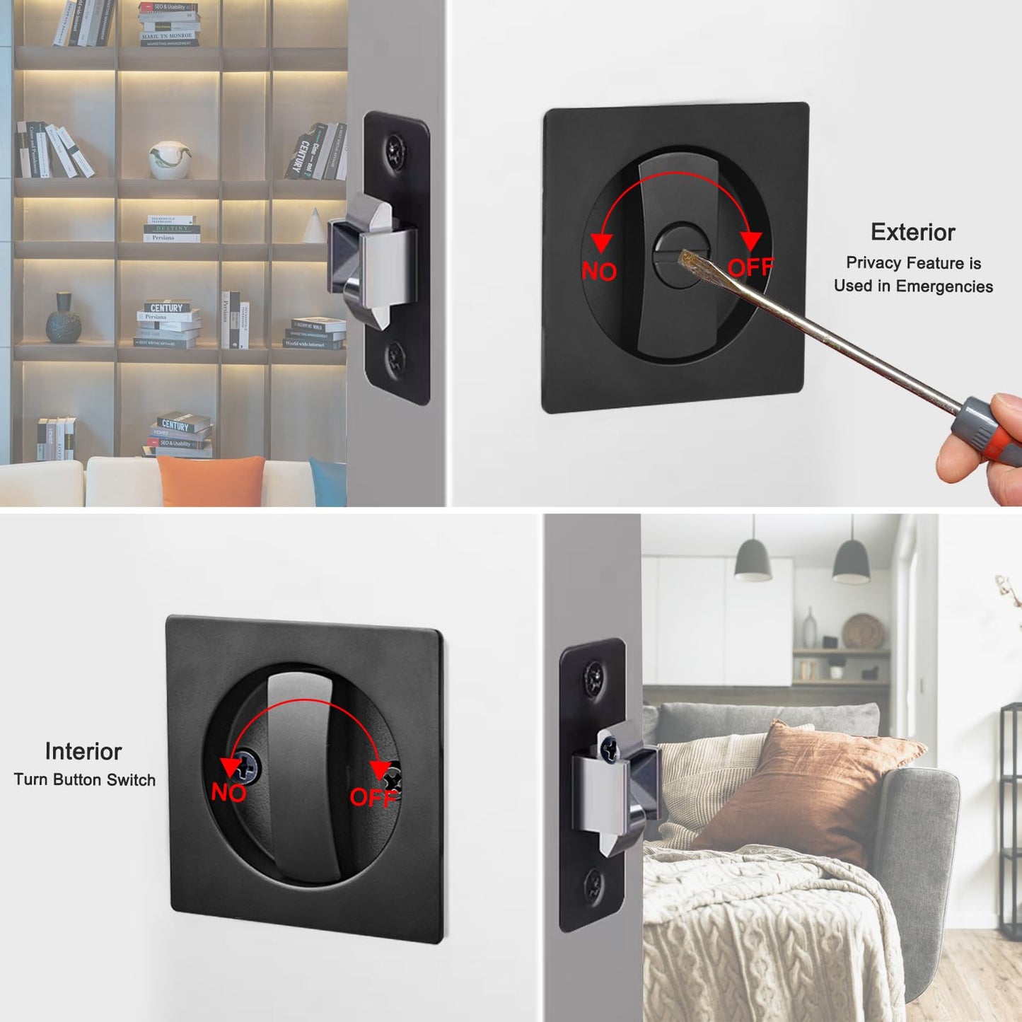 Dontay Pocket Door Privacy Lock with Edge Pull Handle,(Bed/Bath) 2 3/8" Backset,Stainless Steel Recessed 2 Sided,Recessed Knob,1 3/8" to 2 3/16" Bathroom&Sliding Door (Matte Black, Square - 1 Set)