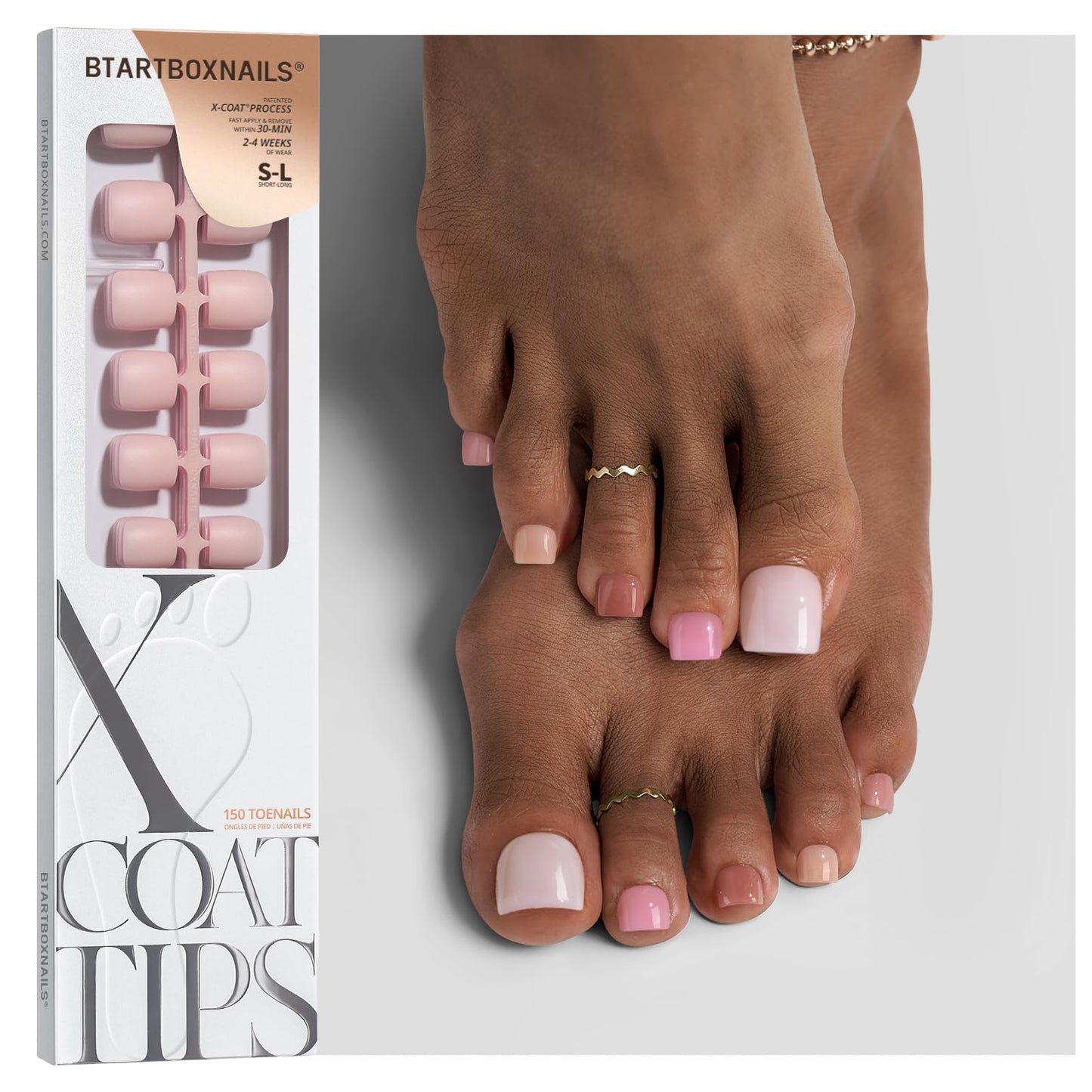 BTArtboxnails XCOATTIPS Bare 5-Shades Nude Press on Toenails - 4-Week Wear Square Toenails, Easy to Apply, Soak Off, Salon Quality Value at Home, 15 Sizes - 150 Fake Nails