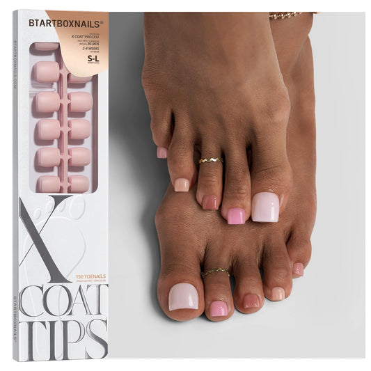 BTArtboxnails XCOATTIPS Bare 5-Shades Nude Press on Toenails - 4-Week Wear Square Toenails, Easy to Apply, Soak Off, Salon Quality Value at Home, 15 Sizes - 150 Fake Nails