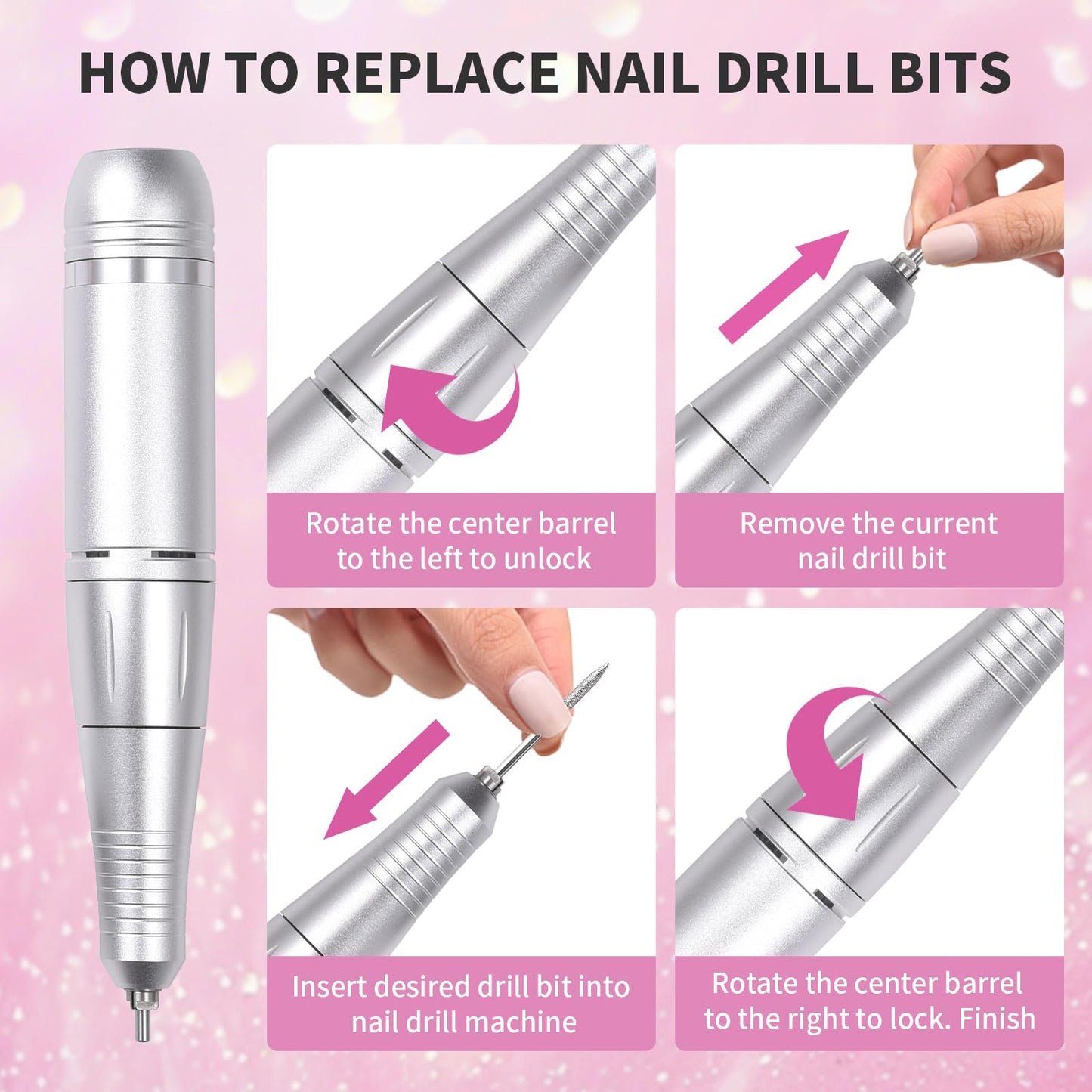 siyuwuro Portable Nail Drill 45000 RPM Professional Cordless Rechargeable Electric Nail File for Removing Polishing Acrylic Gel Nails with 6 Drill Bits & Sanding Bands, Nail Salon Home Use, Pink