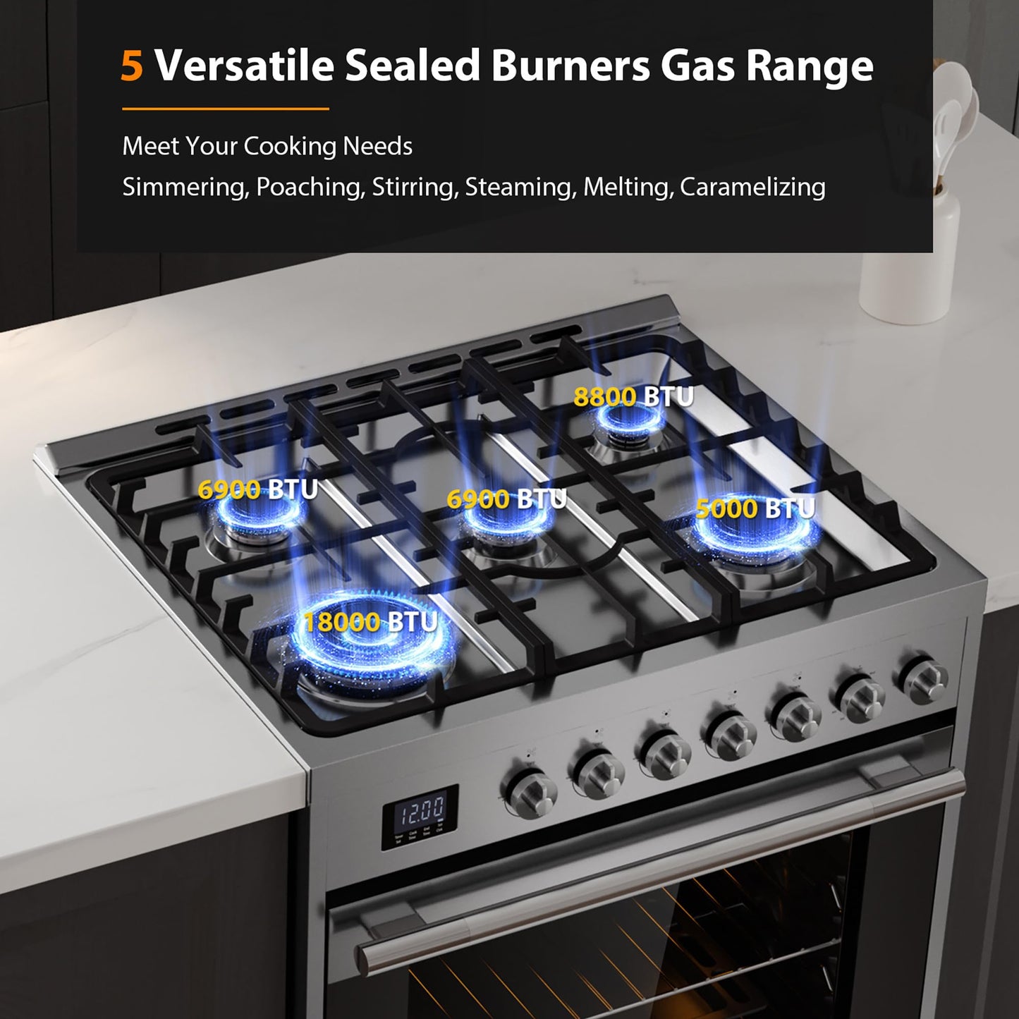 Empava Gas Range, Convection Oven 5.0 Cu. Ft with Touch Timer, 5 Deep Recessed Burners Cooktop, Heavy Duty Continuous Grates in Stainless Steel, Freestanding & Slide-in,30 Inch