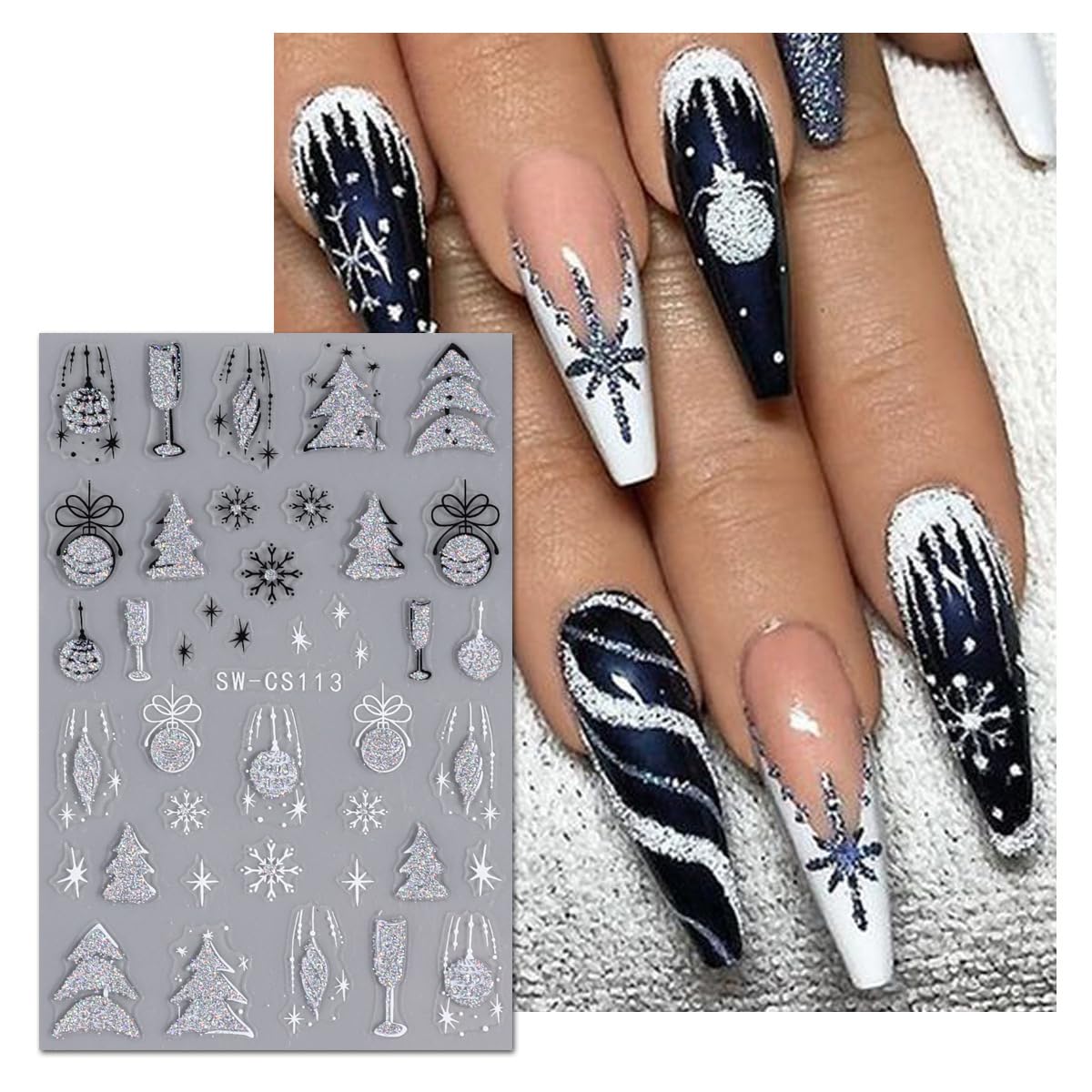 8 Christmas Nail Art Stickers Green French Snowflake Christmas Tree Elk Decal Stickers Silver Glitter Bell Bowknot Winter Design Suitable for Ladies Girls DIY Nail Art Decoration