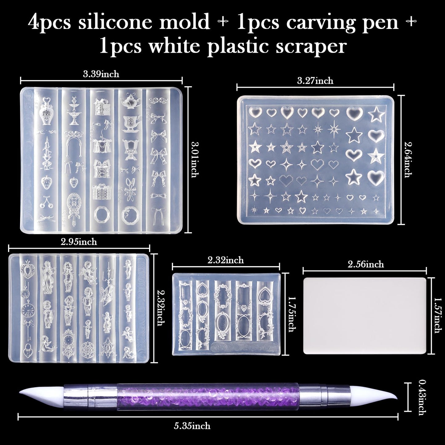 Laza 4pcs Silicone Nail Art Molds, 3D Virgin Mary, Mirror Frame, Heart, Bowknot Exquisite Silicone Y2K Nail Accessories with Carving Pen Resin Nail Art Mold Manicure Tools for DIY Salon Nail Design