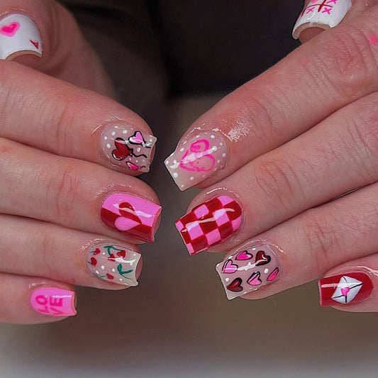 Heart Press on Nails Short Square Artificial Acrylic False Nails Colorful Love with Cherry Coffin Nail Full Cover Glossy Artificial Fingernails Valentines Stick on Nail for Women Festival Manicure