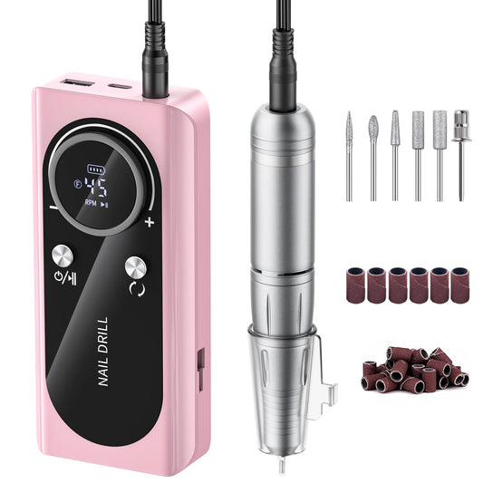 Electric Nail Drill Machine 45,000RPM - Professional Electric and Rechargeable Nail Drill with LCD Display, 6 Bits and 30 Sanding Bands, Low Heat Quiet E-File for Acrylic Gel Nails (Pink)