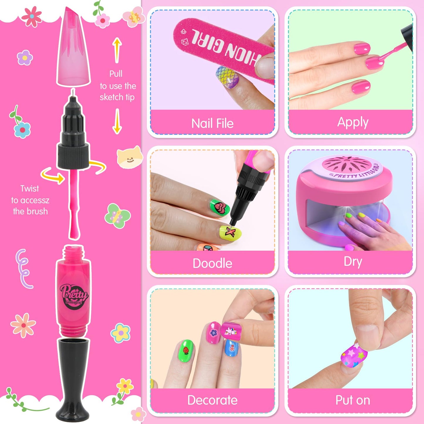 BATTOP Kids Nail Polish Set for Girls - Kids Nail Art Kit with Dryer & Fake Nail & Sticker & Water Based Nail Polish & Nail Art Pen - Idea Gifts for Girls Ages 6 7 8 9 10 11 12
