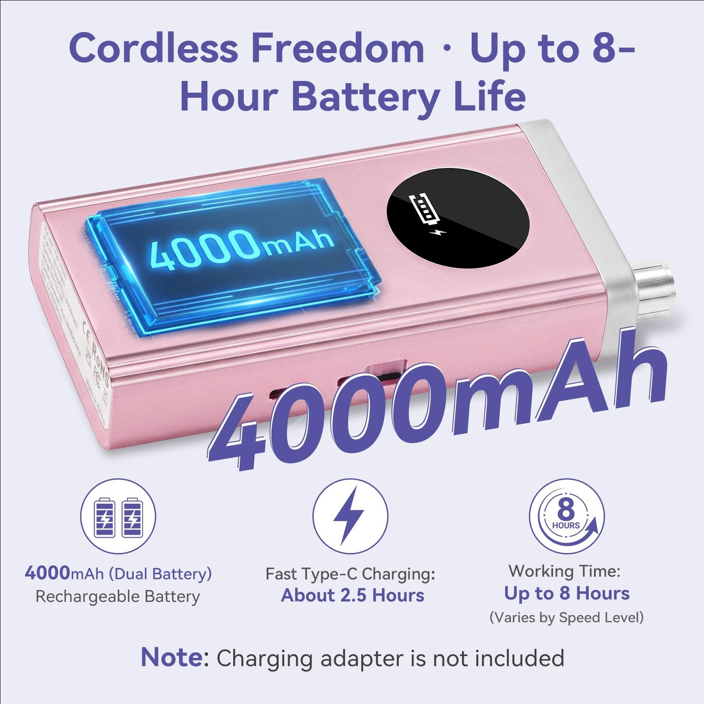 Makartt Cordless Nail Drill 30000RPM - Rechargeable Electric Nail File for Beginners & Pros Ready, Quiet 8H Efile Kit for Acrylic & Gel Removal, 48W Carbon Motor with LCD, Home & Beauty School, Pink