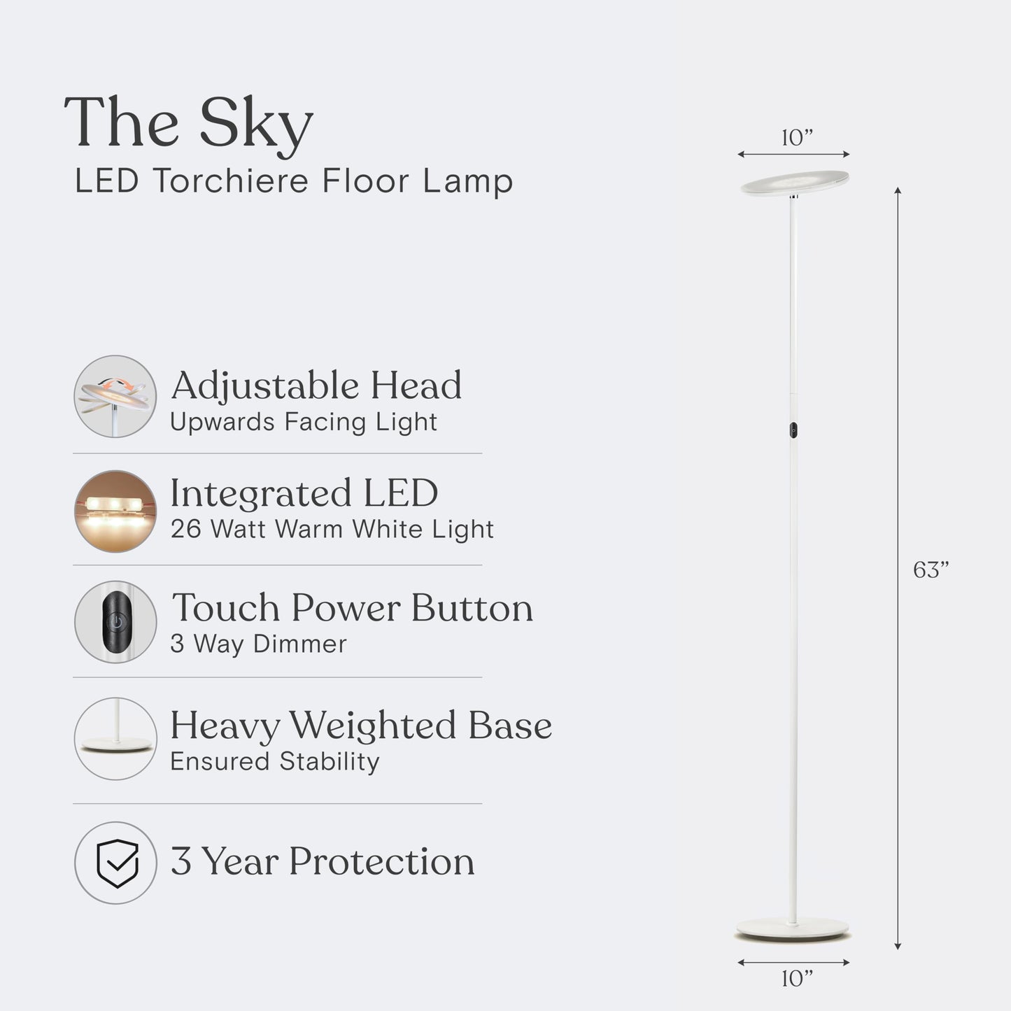 Brightech Sky LED Floor lamp, Torchiere Super Bright Floor Lamp for Living Room Decor & Office - Dimmable, Tall Standing Lamp with Warm Light for Bedroom & Reading - White